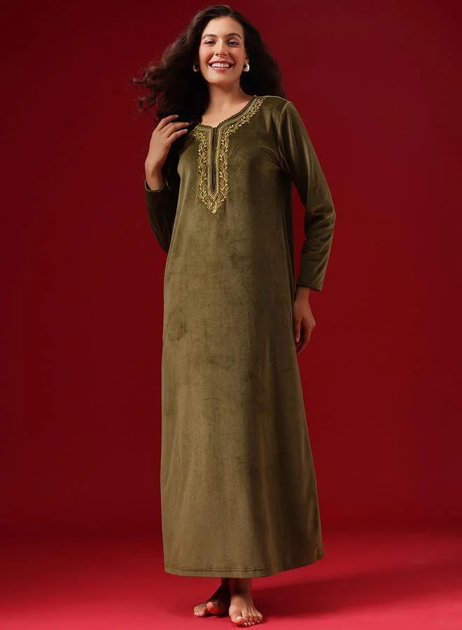 Clovia Women Olive Green Velvet Look Nightdress